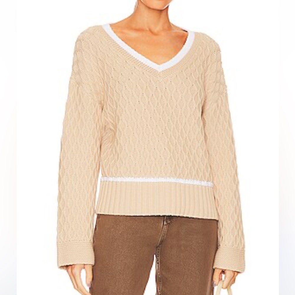 525 America Cable Knit V Neck Varsity Sweater
